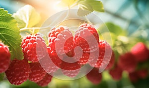 Raspberry close up, greenhouse background with copy space