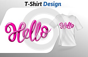 Raspberry color word hello, t-shirt print. Mock up t-shirt design template. Vector template, isolated on white