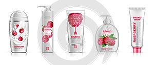 Raspberry cosmetics set Vector realistic. Shampoo, shower gel, cream and lotion. Product packaging mock up. Label design