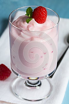 Raspberry cream dessert with mint