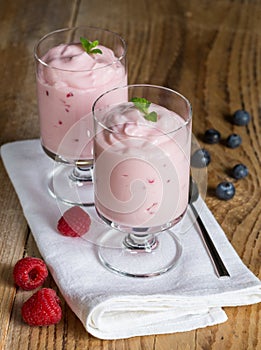 Raspberry cream dessert with mint