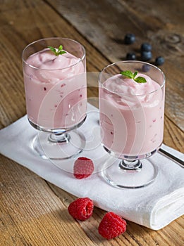 Raspberry cream dessert with mint