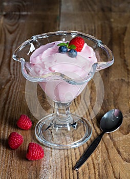 Raspberry cream dessert with mint