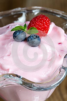 Raspberry cream dessert with mint