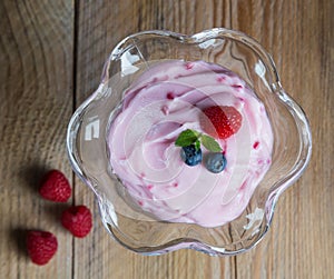 Raspberry cream dessert with mint