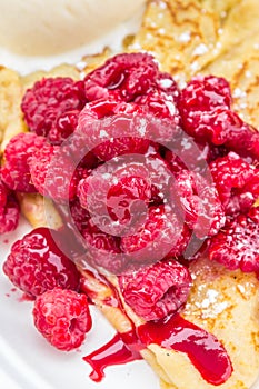 Raspberry desert with sauce, ice cream, and crepe