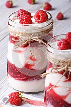 Raspberry dessert in a glass jar closeup vertical