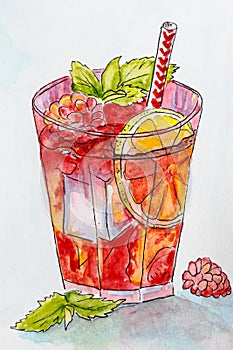 Raspberry drink with mint and ice. Fresh raspberry lemonade garnished with lemon.refreshing cocktail.