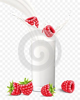 Raspberry falling in a glass of milk or yogurt. Sweet milk splashes. Fruit milkshake advertising banner, yogurt jet, flying drops