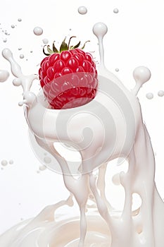 A raspberry is falling into a milk splash. Generative AI image.