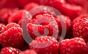 Raspberry fresh berries closeup, ripe fresh organic Raspberries red background, macro shot