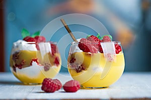Raspberry fruit parfait with cream in a cup
