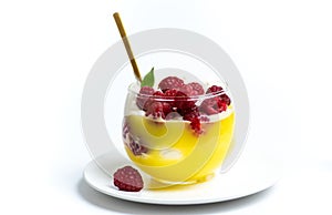 Raspberry fruit parfait in a glass cup