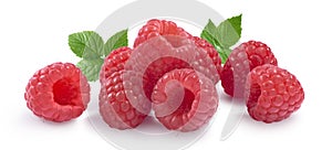 Raspberry horizontal set with leaves isolated on white background