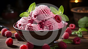 Raspberry ice cream in bowl with fresh raspberries and mint.