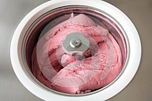 Raspberry Ice Cream Churning in Ice Cream Machine