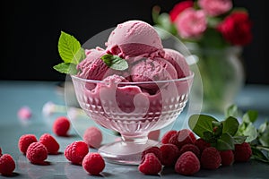 Raspberry ice cream in glass bowl with fresh raspberries and mint on black background