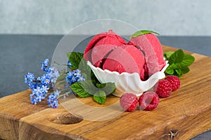 Raspberry ice cream sorbet in white porcelaine bowl with raspberry, mint leaves copy space on wooden plank and grey textured