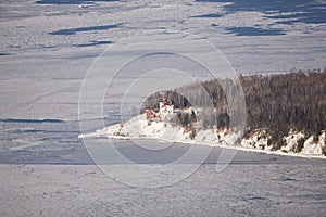 Raspberry Island light house in winter
