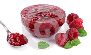 raspberry jam with raspberry berries on white background