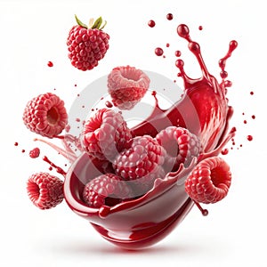 Raspberry jam in the form of a splash flying in the air and raspberries on a white background