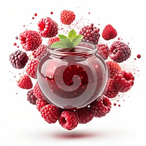 Raspberry jam in the form of a splash flying in the air and raspberries on a white background