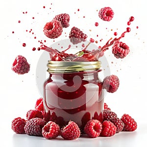 Raspberry jam in the form of a splash flying in the air and raspberries on a white background