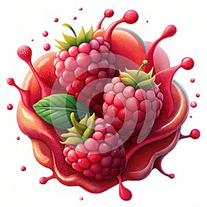 Raspberry jam in the form of a splash flying in the air and raspberries on a white background
