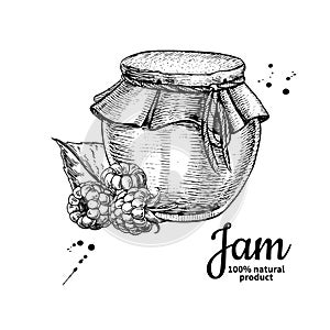 Raspberry jam glass jar vector drawing. Fruit Jelly and marmala