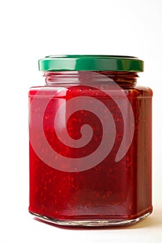 Raspberry jam in hexagonal jar