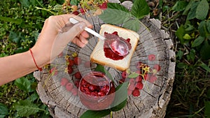 Raspberry jam in a jar in the garden. Selective focus.
