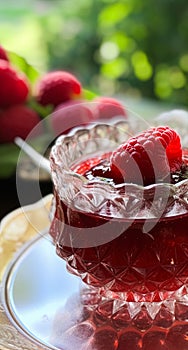 Raspberry jam and raspberries in a crystal bowl, country food and English recipe idea for menu, food blog and cookbook