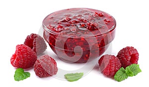 raspberry jam with raspberry berries on white background