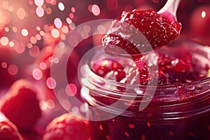 Raspberry jam. Spoon scooping homemade raspberry jam from a glass jar surrounded by fresh raspberries