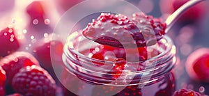 Raspberry jam. Spoon scooping homemade raspberry jam from a glass jar surrounded by fresh raspberries