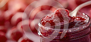 Raspberry jam. Spoon scooping homemade raspberry jam from a glass jar surrounded by fresh raspberries