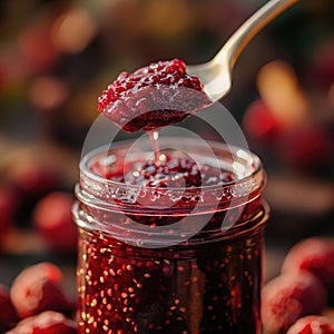 Raspberry jam. Spoon scooping homemade raspberry jam from a glass jar surrounded by fresh raspberries