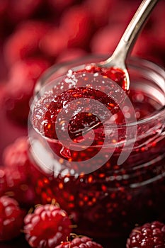 Raspberry jam. Spoon scooping homemade raspberry jam from a glass jar surrounded by fresh raspberries