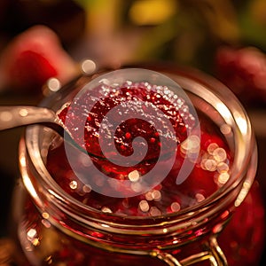 Raspberry jam. Spoon scooping homemade raspberry jam from a glass jar surrounded by fresh raspberries