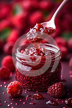 Raspberry jam. Spoon scooping homemade raspberry jam from a glass jar surrounded by fresh raspberries