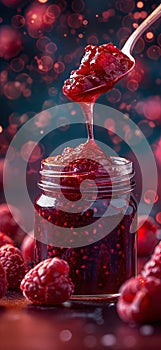 Raspberry jam. Spoon scooping homemade raspberry jam from a glass jar surrounded by fresh raspberries