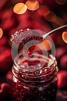 Raspberry jam. Spoon scooping homemade raspberry jam from a glass jar surrounded by fresh raspberries