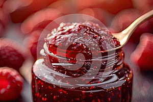 Raspberry jam. Spoon scooping homemade raspberry jam from a glass jar surrounded by fresh raspberries