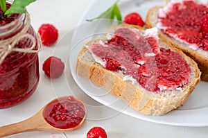 Raspberry jam ,bread,fresh raspberry