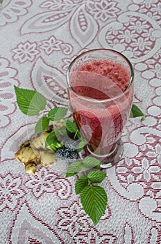 Raspberry Juice And Ingredient On Lacy Tablecloth