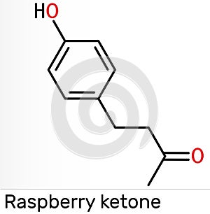 Raspberry ketone, frambinone, rheosmin , C10H12O2 molecule. It is natural phenolic compound and food additive. Skeletal chemical