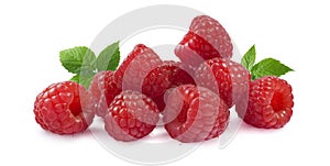 Raspberry with leaves horizontal on white background