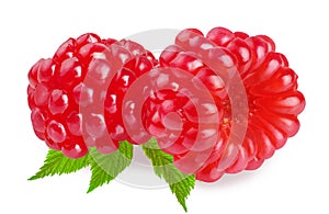 Raspberry, macro, with a leaf, isolated on a white background