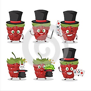 A raspberry Magician cartoon character perform on a stage