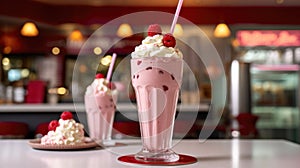 Raspberry Milkshake in a classic American Diner - food photography - made with Generative AI tools